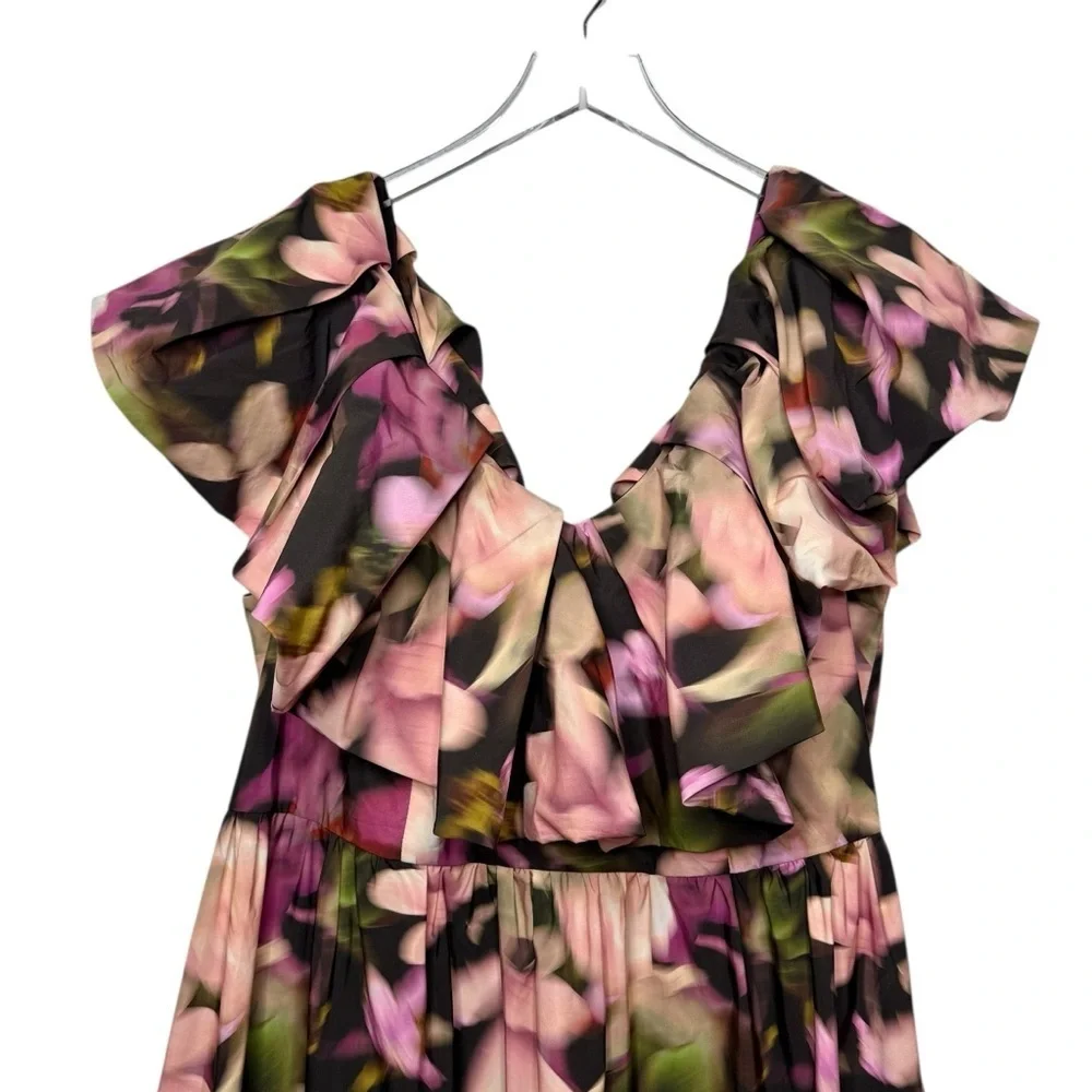 ELOQUII Ruffle Neckline Pink Moody Floral Women’s Midi Dress Sz 16